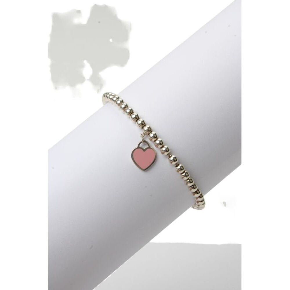 Tiffany & Co Womens 925 Silver Pink Enamel Mini Heart Bead Bracelet 7.5" 5.8g